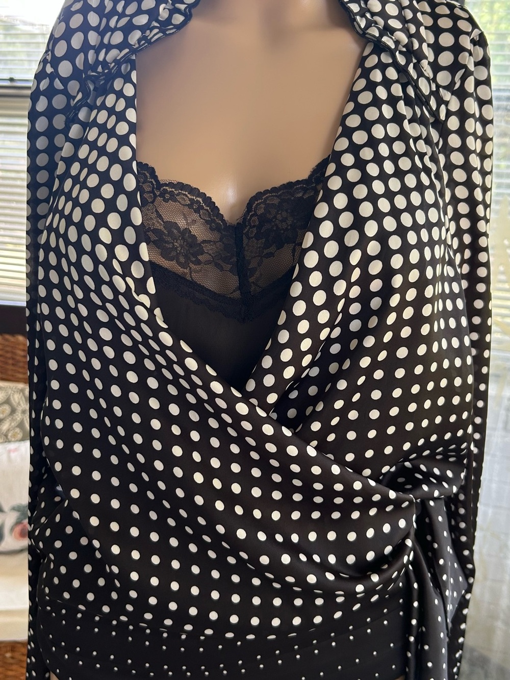 White House Black Market Black and White Polka Dot Wrap Top with Lace XS